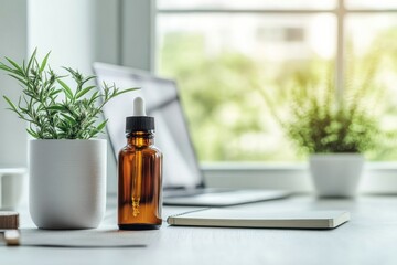 Aufkleber - Modern workspace featuring a glass dropper bottle, laptop, notebook, and plants in a bright, natural light setting