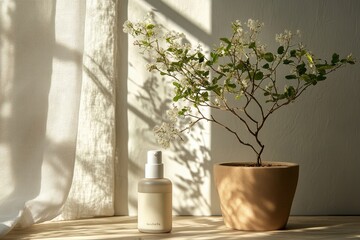 Poster - Natural skincare product beside a potted plant with sunlight casting gentle shadows indoors