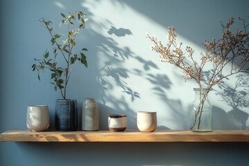 Poster - elegant display of dried flowers and decorative vases on a minimalist shelf in a sunlit room