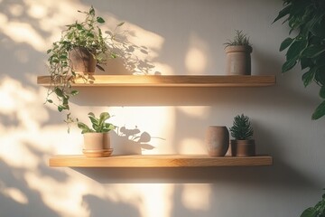 Poster - elegant display of dried flowers and decorative vases on a minimalist shelf in a sunlit room