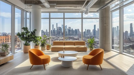 Fototapete - Modern office interior with panoramic city view featuring stylish furniture and greenery in a bright, open space