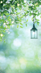 Aufkleber - Antique metal and glass lantern hangs from the branch of a flowering tree, creating a peaceful spring scene