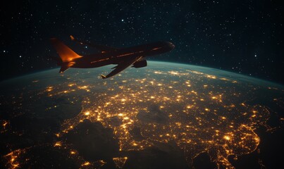 Wall Mural - commercial airplane flies over an illuminated global map at night