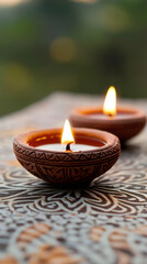 Poster - Traditional clay oil lamps illuminating a patterned surface, creating a warm and festive atmosphere