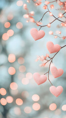 Leinwandbilder - Pink hearts dangling from wooden branch, soft bokeh lighting creating romantic Valentine mood
