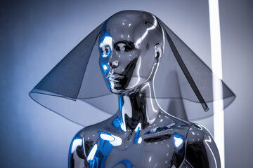 Poster - Sleek Futuristic Mannequin with Transparent Veil Against a Soft Blue Background