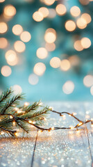 Aufkleber - Festive Christmas lights adorning fir branch, glowing against wooden background with soft bokeh, radiating seasonal warmth