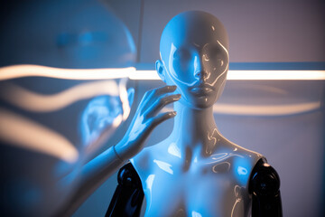 Poster - Futuristic Mannequin with Glossy Finish and Soft Blue Lighting Touching Its Face