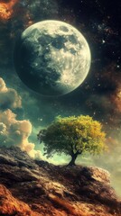 Wall Mural - A solitary tree standing beneath a massive illuminated moon