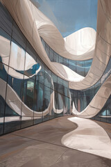 Poster - Modern Architectural Design with Flowing White Structures and Reflective Glass Facades Under a Clear Blue Sky