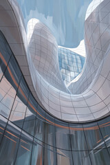Poster - Modern Architectural Marvel: Curved Glass and Metal Structure Under a Clear Sky