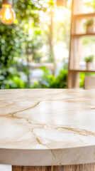 Aufkleber - Empty round marble table top featuring a blurred garden background, creating an ideal setting for product placement and display