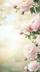 Aufkleber - Beautiful pink peonies and buds creating a vertical composition on a soft green bokeh background