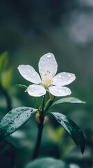 Poster - White wildflower standing amid green foliage, sparkling with raindrops, capturing delicate spring freshness and natural radiance