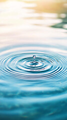 Fototapete - Water droplet creating ripples, soft sunlight glimmering on serene blue surface, capturing delicate liquid interaction