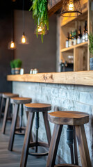 Poster - Wooden bar stools standing in front of a wooden counter in a modern pub, illuminated by hanging lights