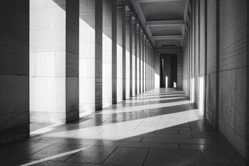 Poster - Monochromatic Architectural Corridor with Dramatic Shadows and Light Play