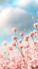 Aufkleber - Delicate pink blossoms reaching skyward, soft petals embracing pale blue backdrop with serene luminosity