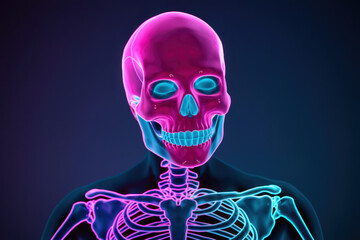 Poster - Abstract Neon Skeleton Illustration with Vibrant Pink and Blue Colors