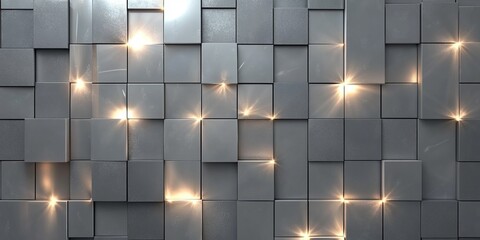 Poster - Dynamic gray tile abstraction with glowing elements, showcasing modern design in contemporary interior decor