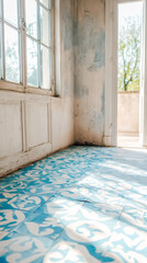 Poster - Sunlight filtering through open door, casting shadows on blue-white patterned tiles within forgotten interior, revealing quiet abandonment
