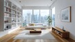 © Farida - A bright, minimalist Singapore apartment living room.  White walls, wooden floors, a bookshelf with books, and a huge window showing city skyscrapers.