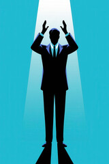 Poster - Confident Businessman Silhouetted Against a Bright Blue Background with Uplifting Pose