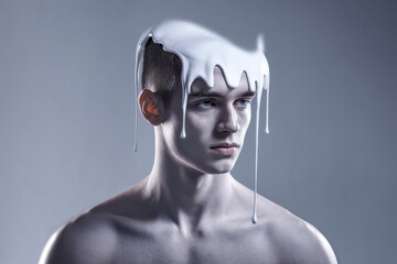 Poster - Artistic Portrait of a Young Man with Dripping White Substance on Head Set Against a Soft Gray Background