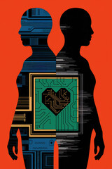 Poster - Fusion of Technology and Emotion: Abstract Illustration of Human Figures with Circuitry Heart