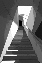 Poster - Abstract Monochrome Staircase Leading to a Mysterious Doorway