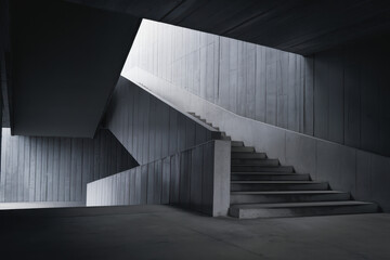 Poster - Minimalist Concrete Staircase in Dim Light with Geometric Lines and Shadows