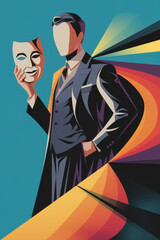Poster - Stylish Man Holding a Mask Against a Vibrant Abstract Background