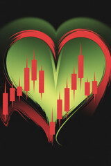 Poster - Stylized Heart Shape with Candlestick Chart Representing Market Trends in Red and Green