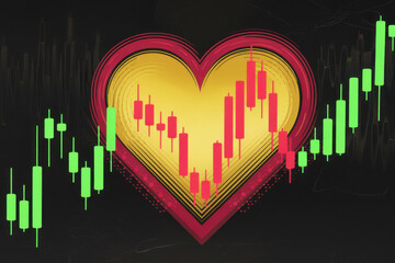 Poster - Colorful Heart-Shaped Stock Market Chart with Green and Red Candlestick Patterns