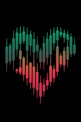 Poster - Stylish Heart Shape Created with Candlestick Chart Patterns in Green and Red on Black Background