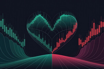 Poster - Heart-Shaped Stock Market Trends Illustrated with Green and Red Candlesticks on a Dark Background