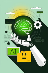 Poster - Innovative Robotic Hand Holding Brain Symbol with AI Elements and Vibrant Green Color Scheme