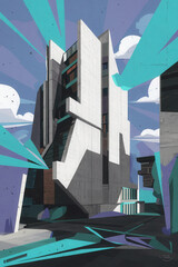 Poster - Futuristic Architectural Marvel with Bold Geometric Shapes and a Cool Color Palette