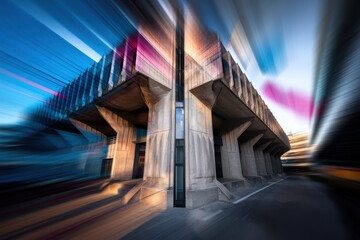 Poster - Dynamic View of Modern Concrete Architecture with Vibrant Colors at Dusk