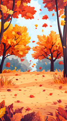 Poster - Falling leaves covering a path in a beautiful autumn forest landscape with colorful foliage and warm sunlight