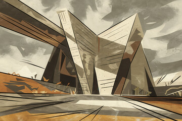 Poster - Abstract Architectural Structure with Bold Geometric Shapes and Earthy Tones