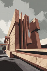Poster - Modern Architectural Design Featuring Geometric Forms and Earthy Color Tones Under a Dramatic Sky