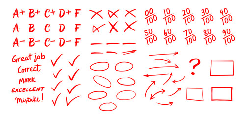 Poster - grading elements for exam paper containing A+, B+, C+, D+, F, marks, checks, crosses, arrows, circles, boxes, teachers comments etc. 