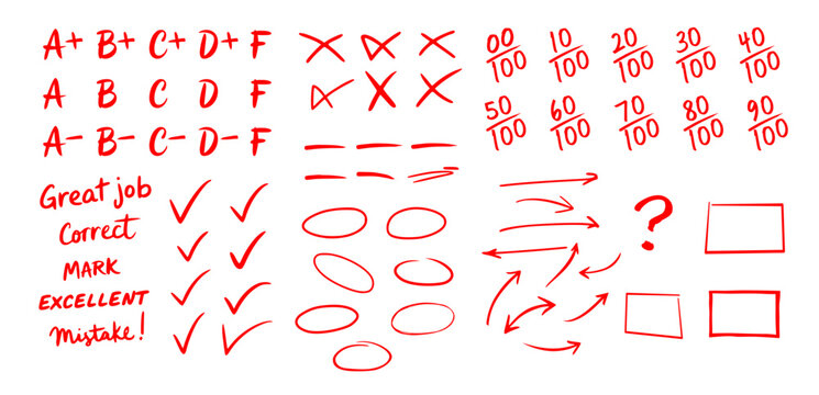 grading elements for exam paper containing A+, B+, C+, D+, F, marks, checks, crosses, arrows, circles, boxes, teachers comments etc. 