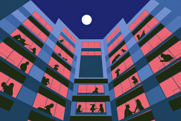 Poster - Silhouetted Figures in a Modern Apartment Building Against a Moonlit Sky