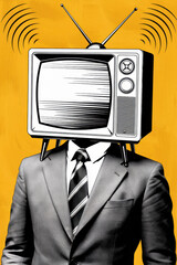 Poster - Creative Representation of Modern Media Influence with Television Head Man in Bold Yellow Background