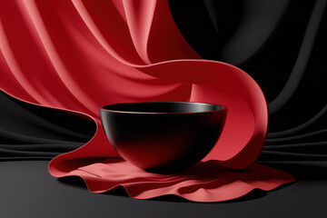 Poster - Elegant Black Bowl on Dramatic Red and Black Drapery