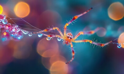 Delicate spider hanging from a web, its intricate details softly illuminated against a blurred natural background for a captivating wildlife macro