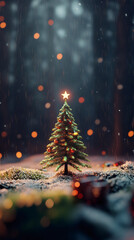 Aufkleber - Tiny evergreen decorated with star, baubles sparkling amid snowy woodland, nocturnal snowflakes creating soft bokeh background