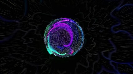 Poster - Bright, colorful sphere emitting energy and surrounded by dynamic particles and waves, creating a visually stunning abstract representation of power, innovation, or cosmic phenomena